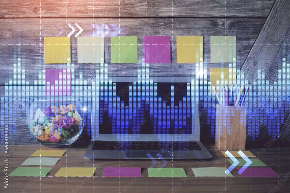 Poster multi exposure of forex graph and work space with computer. concept of international online trading.