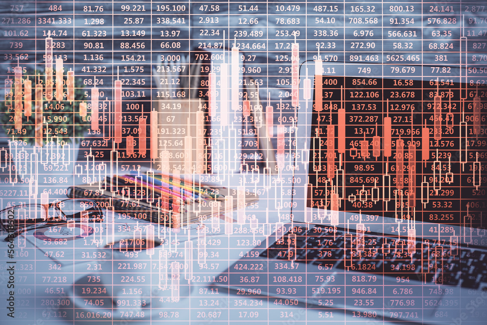 Poster multi exposure of forex graph and work space with computer. concept of international online trading.