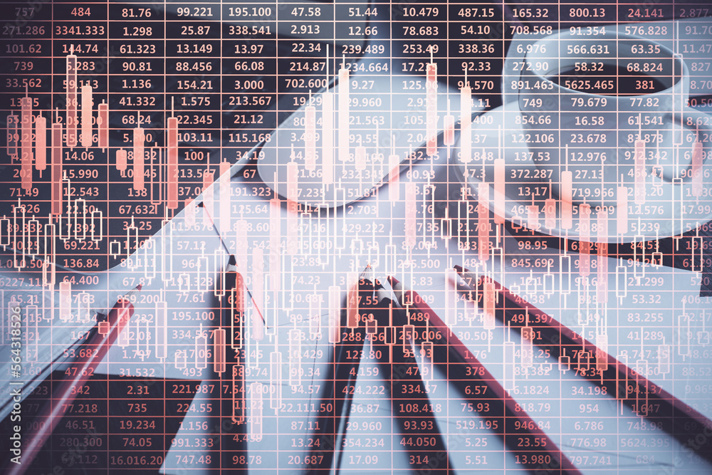 Poster multi exposure of forex graph and work space with computer. concept of international online trading.