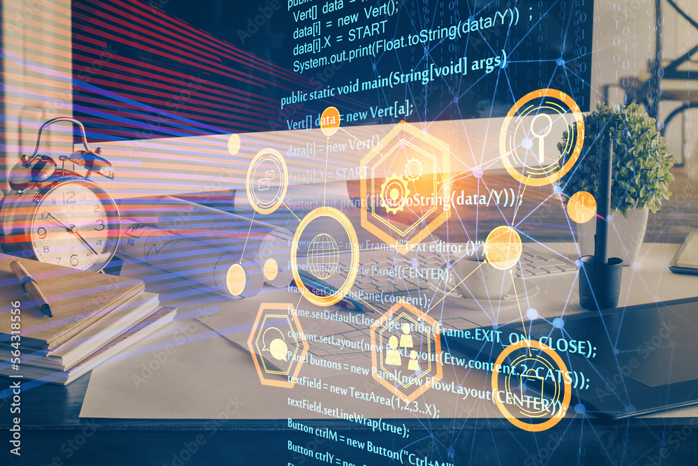 Poster Double exposure of desktop with computer on background and tech theme drawing. Concept of big data.