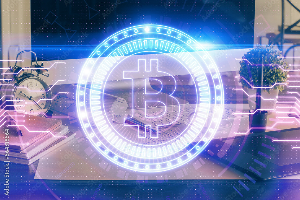 Poster Multi exposure of blockchain and crypto economy theme hologram and table with computer background. Concept of bitcoin cryptocurrency.