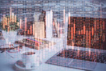 Multi exposure of forex graph and work space with computer. Concept of international online trading.