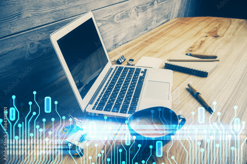 Poster Double exposure of desktop with personal computer on background and tech theme drawing. Concept of data analysis.