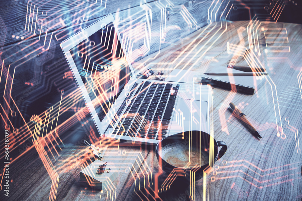 Poster Computer on desktop in office with technology theme hologram. Double exposure. Tech concept.