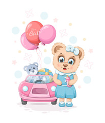Cute cartoon teddy bear with baby bottle, toy, ball, car and balloons