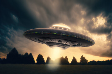 Fototapeta na wymiar Alien Visitors Concept: Extra terrestrial beings visiting Earth with their spacecraft, generative ai