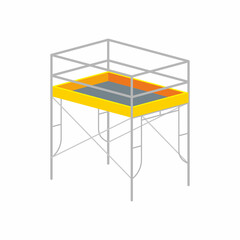 Colorful isometric 1 bay and 1 lift scaffolding frame construction vector illustration. Work at height platform with fall protection of guardrail and toeboard.