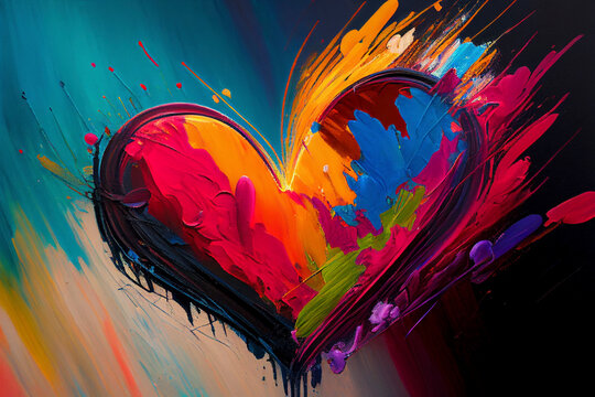 A abstract 2D painting depicting an explosion of hearts in a riot of colors - Generative Ai