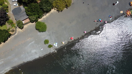 Aerial view of the shore of a lake during the summer season.