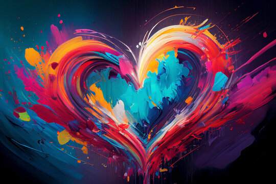 A explosion of hearts painted in a spectrum of colors on a 2D abstract canvas - Generative Ai
