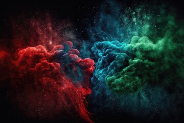 green, blue and red smoke with shiny glitter particles abstract 2