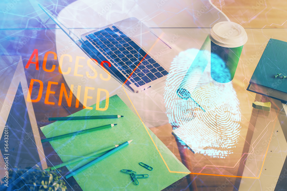 Poster Computer on desktop in office with finger print drawing. Double exposure. Concept of business data security.