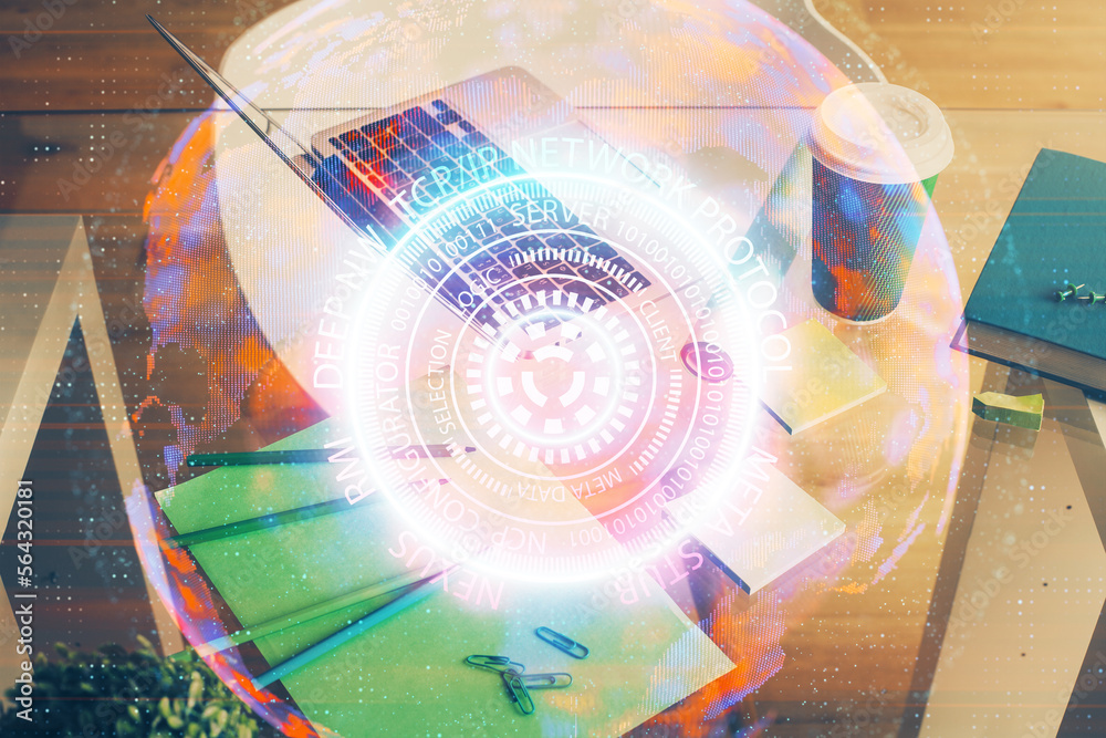 Poster computer on desktop in office with technology theme hologram. double exposure. tech concept.