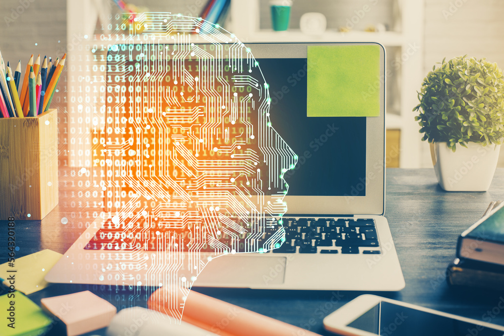 Poster double exposure of desktop computer and human brain drawing hologram. ai concept.