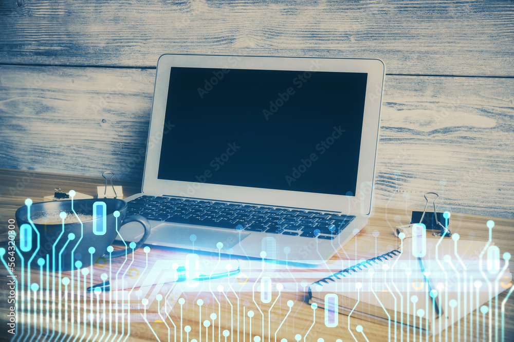 Aufkleber Double exposure of desktop with personal computer on background and tech theme drawing. Concept of data analysis.