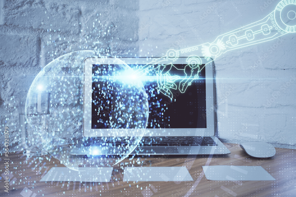 Aufkleber Double exposure of desktop with personal computer on background and tech theme drawing. Concept of Bigdata.