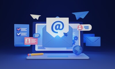 Email marketing 3D concept. Laptop screen with open envelope on dark blue background. Subscribing to receive newsletters, promotional content, and other forms of advertising through an online platform