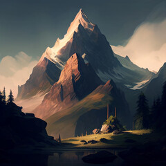 Mountain Foothills Landscape Roleplaying DND Concept Epic RPG Adventure Quest Sunset Sky Generative AI Tools Technology illustration	