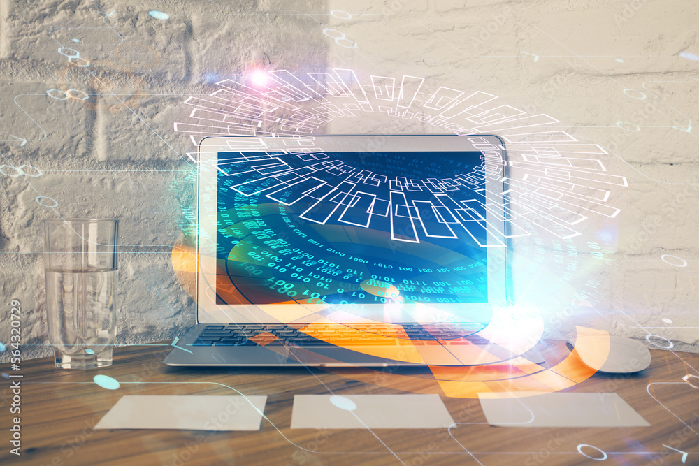 Aufkleber Double exposure of desktop with personal computer on background and tech theme drawing. Concept of Bigdata.