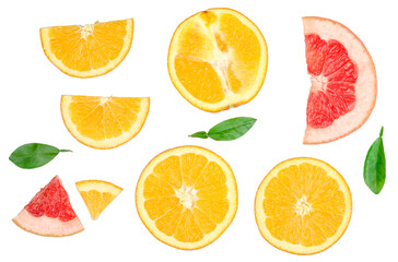Slices of orange and grapefruit isolated on white, top view