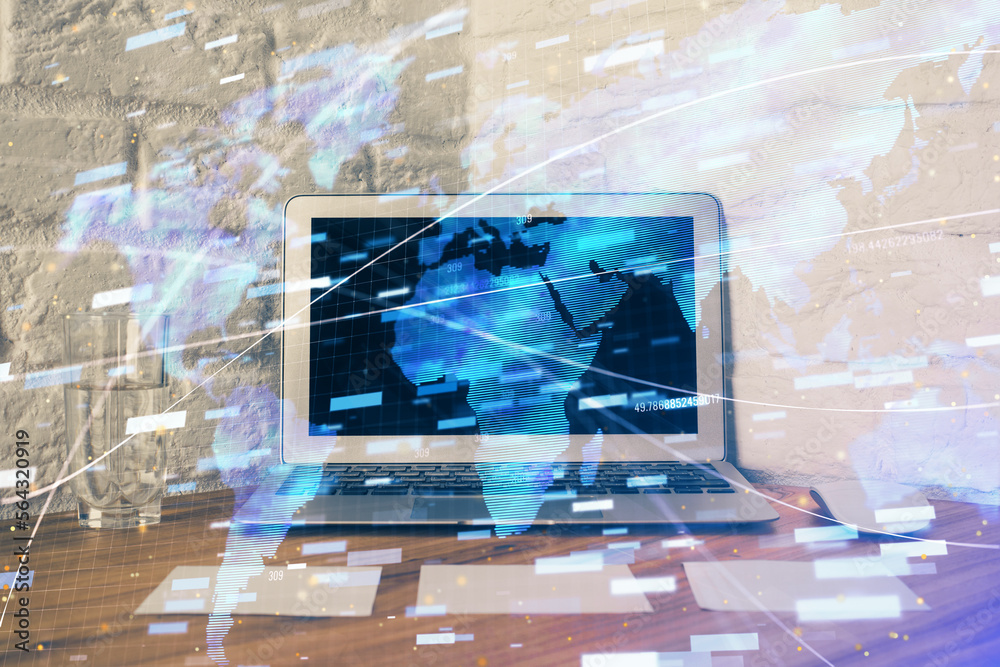 Aufkleber Double exposure of desktop with personal computer on background and tech theme drawing. Concept of Bigdata.