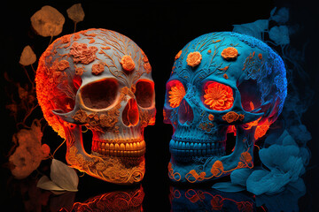 Two sugar skulls looking at each other. Highly detailed Calaveras with fire and flowers. Blue and orange light. Day of the dead concept. 