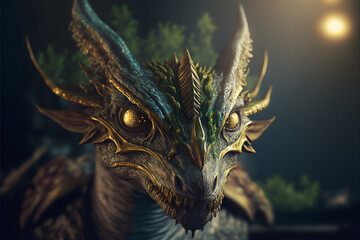 big dragon with yellow eyes at night against the background of the moon close-up