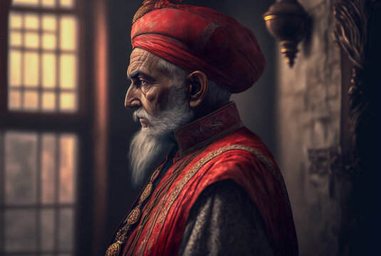 Old wise muslim mullah or imam in the mosque. Created with Generative AI technology.