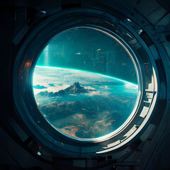 view from the porthole of the spacecraft on the earth and the starry sky