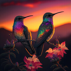 Hummingbirds in the forest during sunset. Generative AI.	
