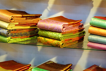 view of Indian tradional sarees in display of shop