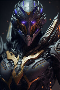 Close-up portrait of an alien cyborg soldier in the dark. Made with Generative AI