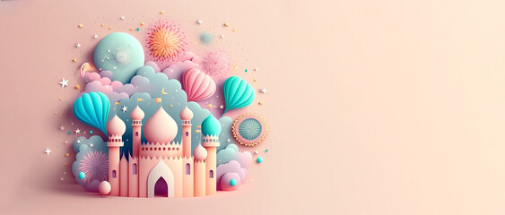 Illustration cute fireworks ramadan kareem background with pastel color generative ai