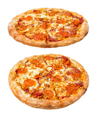 Two pepperoni pizzas with slices of ham, cheese and tomatoes on a transparent background 