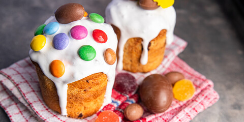 Easter holiday cake and easter chocolate eggs candy dessert treat meal food snack on the table copy space food background top view