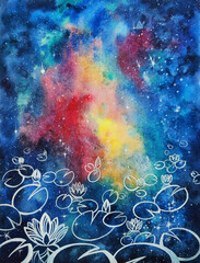 Mystic white lotus flower line art on blue watercolor, leaves and tropical foliage. Abstract outer space endless nebula galaxy background. Hand drawn botanical leaves line art background.  