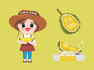 Chibi cute seller present durian of thailand. Product of Thailand. Monthong King of fruit.