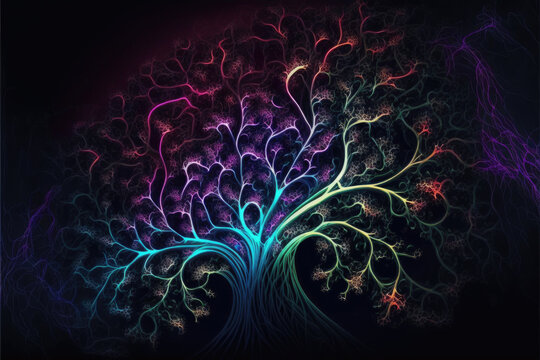 Fototapeta Colorful neon gradient fractal mandala shapes as wallpaper background (Generative AI)