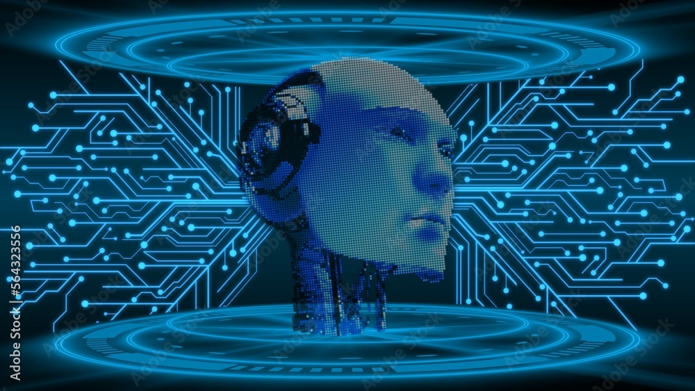 Poster ai or artificial intelligence - abstract 3d robotic head is floating in virtual cyberspace between i