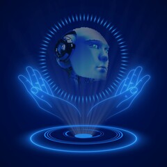 AI or artificial concept with hologram - Holographic abstract robotic head over open hands - 3D Illustration