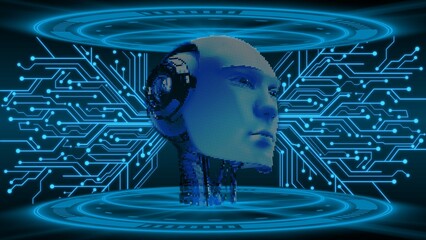 AI or artificial intelligence - Abstract 3D robotic head is floating in virtual cyberspace between information connecting lines. 3D illustration