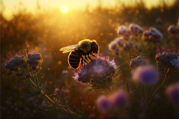 Fototapeta generative AI bee pollinating flowers in a floral field in spring at sunrise obraz
