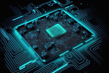 Circuit board cyber technology blue background. Generative AI