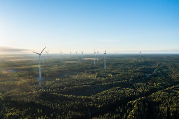 Aerial views of windfarm and wind energy station. Finnland