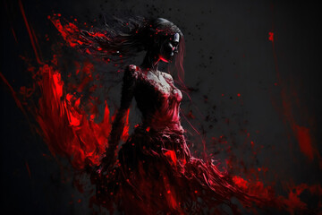 A bloody demoness.  Scary zombie. Halloween monster.  Ghost woman.  Generative AI.