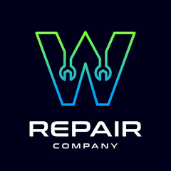 Repair W letter vector logo template. This font use wrench symbol. Suitable for technology, mechanic, or automotive business.