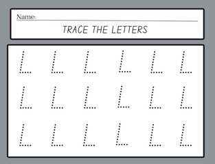 Alphabet letters tracing worksheet. Tracing practice worksheet. Learning alphabet activity page. Letter L