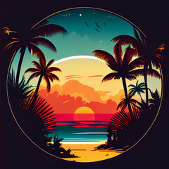 Round silhouette beach with coconut palm trees and colorful sunset graphic illustration, Generative AI