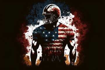 American football player portrait, with an american flag background. Illustration for the Super Bowl,Generative AI
