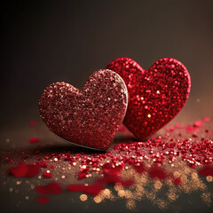 Obraz premium red pink hearts with light glowing blurred glitter. Romantic Valentine's Day Background. bokeh effect. The 14th of February. 